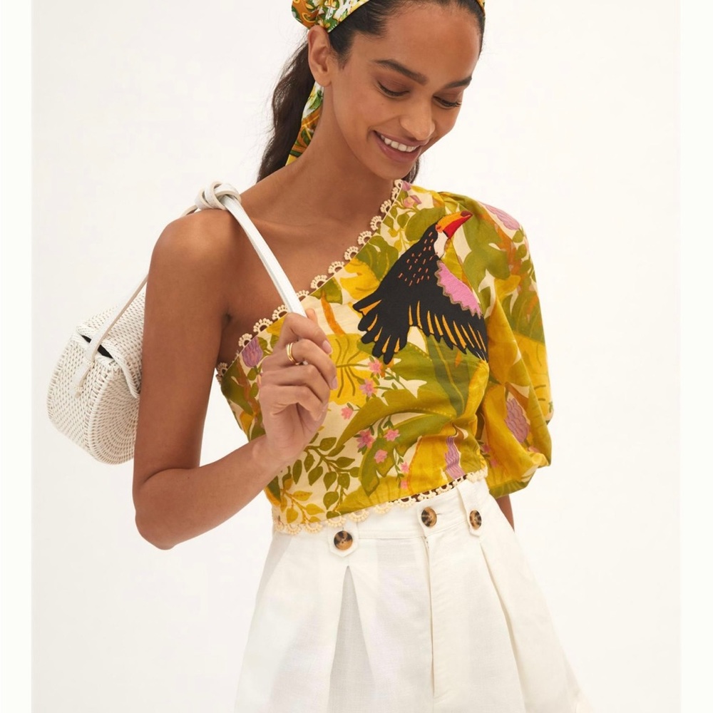 Farm Rio Anthropologie one shoulder embroidered toucan crop top